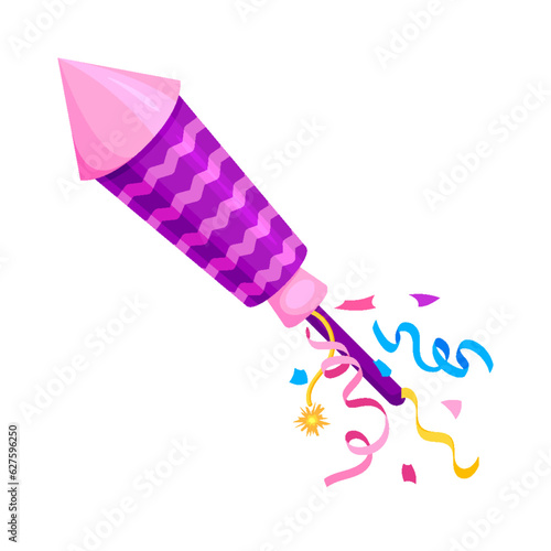 Firework rocket confetti salute petard purple flat. Festival celebration equipment explosive toy birthday party celebrate fireworker tools firecracker pyrotechnic cracker ribbon colorful isolated