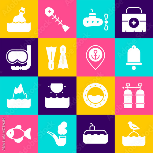 Set Seagull sits on a buoy, Aqualung, Ship bell, Submarine, Flippers for swimming, Diving mask and snorkel, Bottle with message water and Location anchor icon. Vector