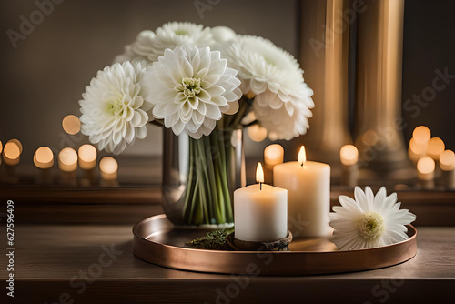Bouquet of white flowers in a vase  candles on vintage copper tray  wedding home decor on a table