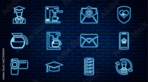 Set line Human resources, Shopping basket on mobile, Mail and e-mail, Coffee machine with pot, Graduate graduation cap, Envelope Valentine heart and cup icon. Vector