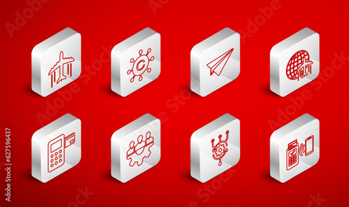 Set line POS terminal, Copywriting network, Paper plane, Globe with flying, Algorithm, Plane, Project team base and Pos icon. Vector