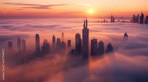 Aerial view of Dubai, United Arab Emirates foggy morning sunrise. Generative Ai
