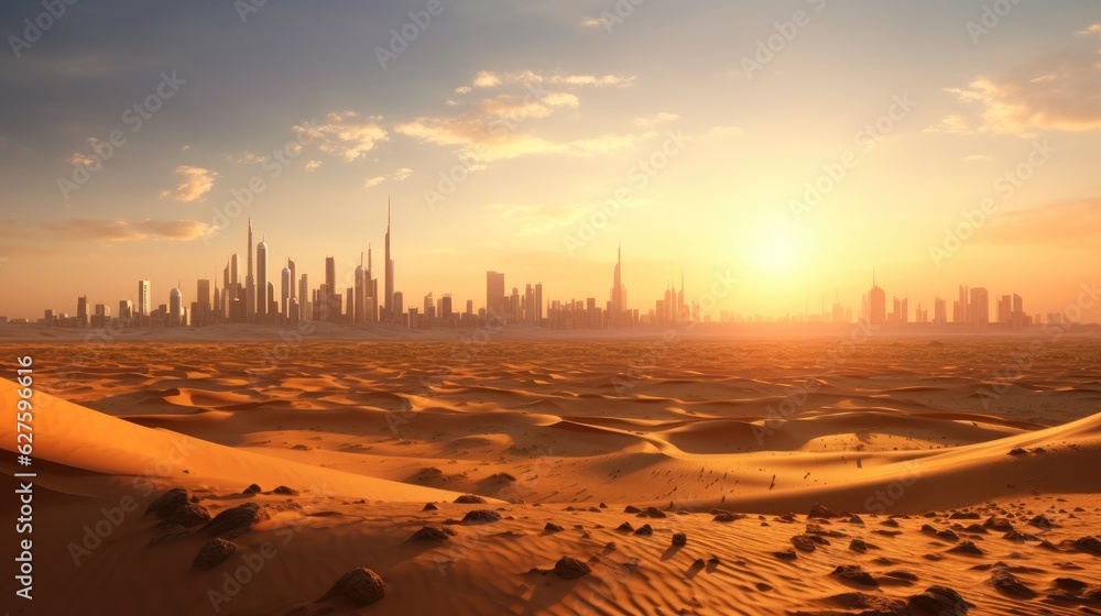 Desert in dubai city background united arab emirates beautiful sky in the morning sunrise. Generative Ai