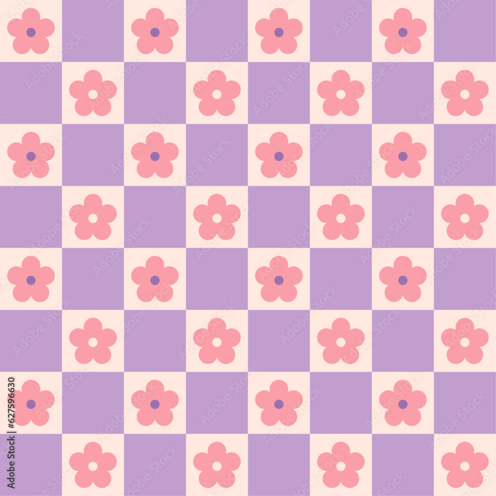 Abstract seamless pattern with flowers. Retro checkered background. Vector texture for print, textile, fabric.