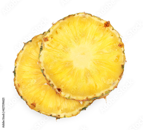 Slices of tasty ripe pineapple isolated on white, top view