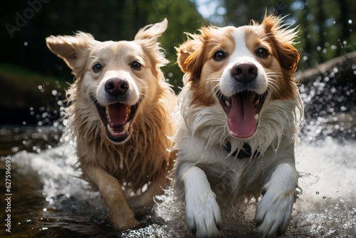 Two Dogs Splashing Joyfully in a River Ai