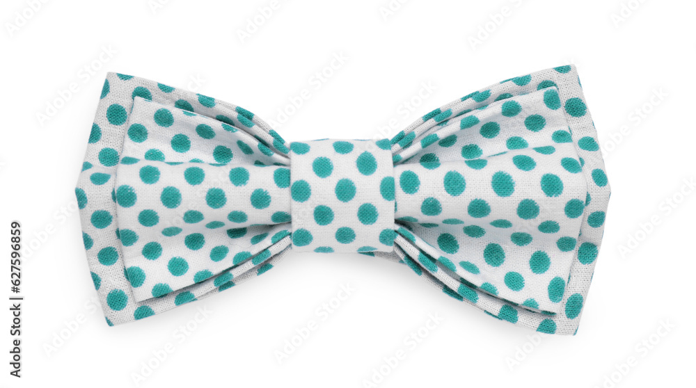 Stylish bow tie with green polka dot pattern on white background, top view Stylish bow tie with green polka dot pattern on white background, top view