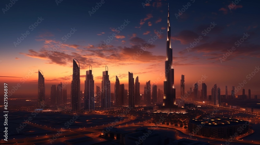Aerial view of Dubai, United Arab Emirates in near sunset. Generative Ai