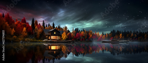 Illustration of a house in the middle of an island in autumn