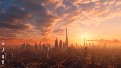 Aerial view of Dubai, United Arab Emirates in near sunset. Generative Ai