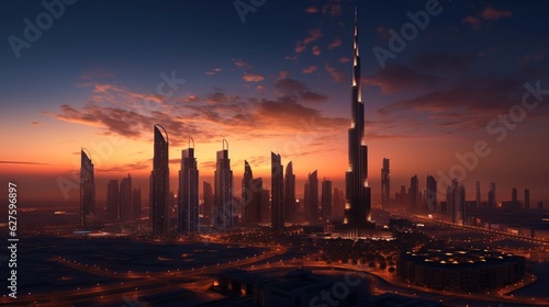 Aerial view of Dubai, United Arab Emirates in near sunset. Generative Ai