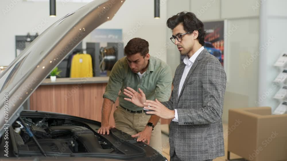 Stylish salesman standing near luxury car with open hood and providing details review for serious male customer at salon. Pensive man client standing with salesman near car and examining all details. Stylish salesman standing near luxury car with open hood and providing details review for serious male customer at salon. Pensive man client standing with salesman near car and examining all details.
