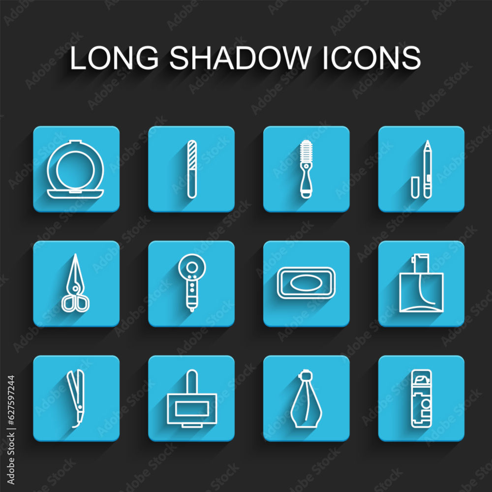 Set line Curling iron, Nail polish bottle, Makeup powder with mirror, Perfume, Shaving gel foam, Hair dryer, and Bar of soap icon. Vector Set line Curling iron, Nail polish bottle, Makeup powder with mirror, Perfume, Shaving gel foam, Hair dryer, and Bar of soap icon. Vector