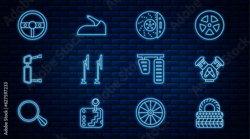 Set line Car tire, engine, brake disk with caliper, Windscreen wiper, Truck side mirror, Steering wheel, gas and pedals and handbrake icon. Vector