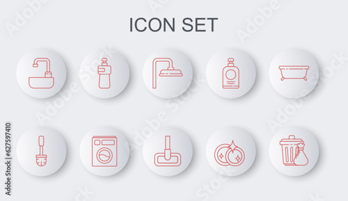 Set line Trash can and garbage bag, Toilet brush, Shower head, Washing dishes, Washbasin with water tap, Dishwashing liquid bottle, Washer and Mop icon. Vector