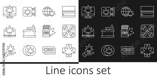 Set line Medical marijuana or cannabis leaf, pills with, Legalize globe, Manual grinder, Laptop and, Monitor, bottle and Marijuana store icon. Vector