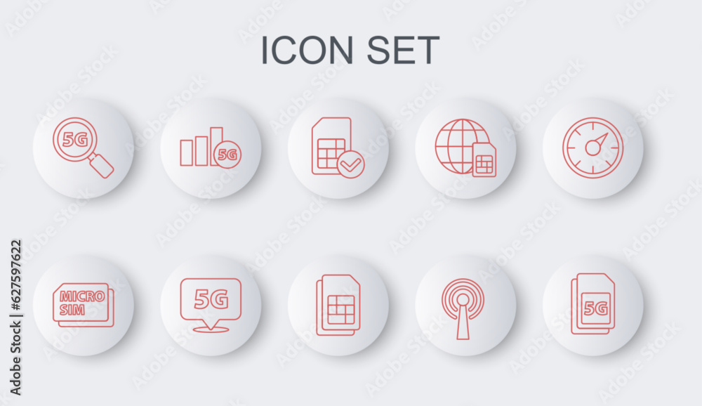 Set line 5G Sim Card, Micro, card, Antenna, Search network, Location and icon. Vector Set line 5G Sim Card, Micro, card, Antenna, Search network, Location and icon. Vector