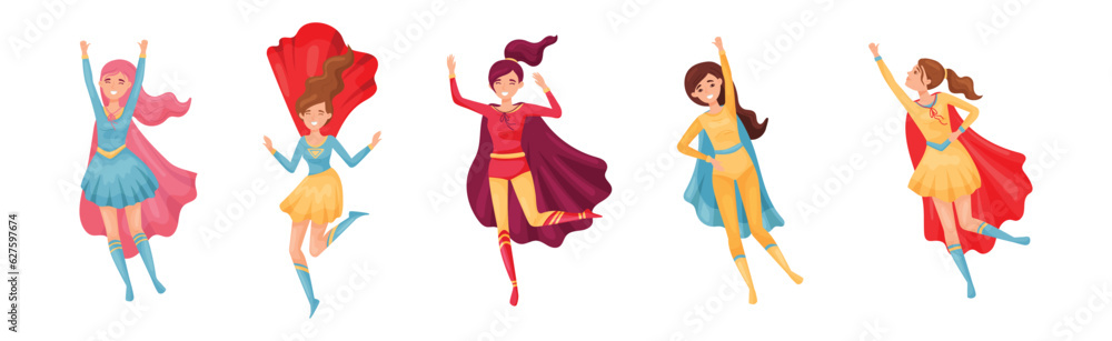 Superhero Woman Characters Wearing Cape or Cloak Vector Set