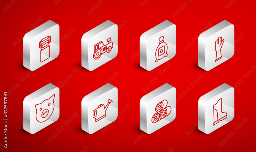 Set line Waterproof rubber boot, Tractor, Pack full seeds plant, Rubber gloves, Roll hay, Can container for milk, Watering can and Pig icon. Vector Set line Waterproof rubber boot, Tractor, Pack full seeds plant, Rubber gloves, Roll hay, Can container for milk, Watering can and Pig icon. Vector