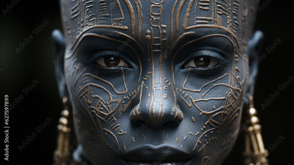 Sacred Beauty: African Face Adorned with Ritual Scars. Generative AI