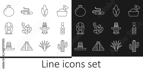 Set line Cactus, Tabasco sauce, Corn, Mexican wrestler, Tomato, man sombrero and Cigar icon. Vector