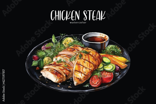 watercolor chicken steak with vegetables