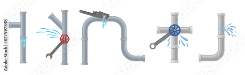 Leaking Water Pipe and Damaged Dripping Fitting Vector Set