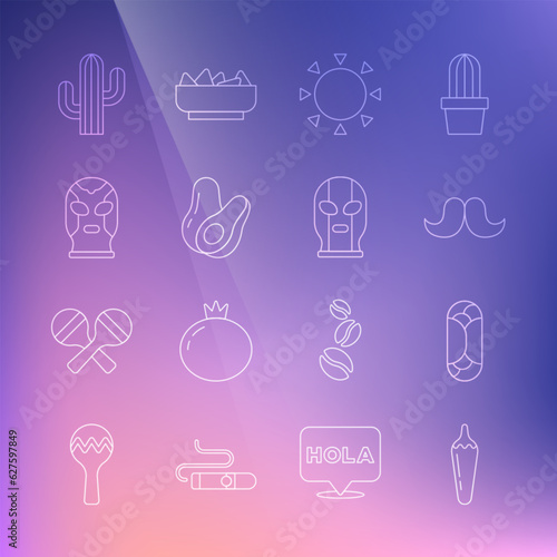 Set line Hot chili pepper pod, Burrito, Mustache, Sun, Avocado fruit, Mexican wrestler, Cactus and icon. Vector