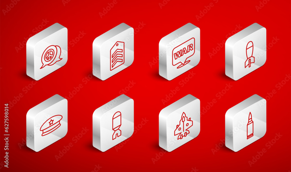 Set line Bullet, Chevron, The word war, Rocket launcher, Jet fighter, Peace, and Military beret icon. Vector Set line Bullet, Chevron, The word war, Rocket launcher, Jet fighter, Peace, and Military beret icon. Vector