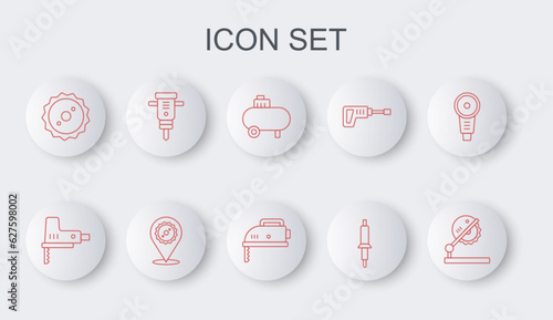 Set line Table saw for woodwork, Electric jigsaw, Air compressor, Soldering iron, Circular blade, Construction jackhammer, and icon. Vector