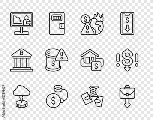 Set line Storm, Briefcase, Global economic crisis, Debt ball chained coin, news, Drop crude oil price, Tearing money banknote and Dollar rate decrease icon. Vector