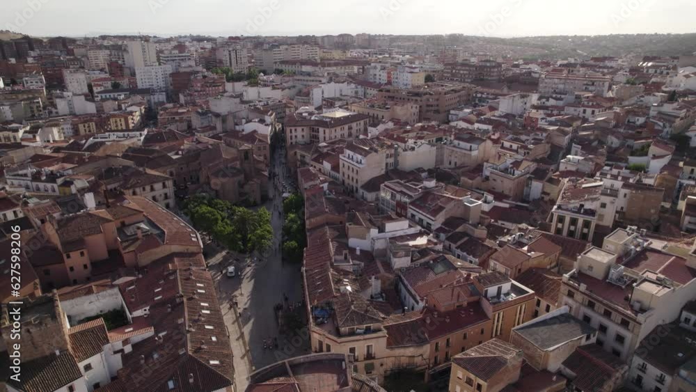 Aerial view orbiting across Cáceres historic UNESCO world heritage cityscape skyline, Extremadura Aerial view orbiting across Cáceres historic UNESCO world heritage cityscape skyline, Extremadura