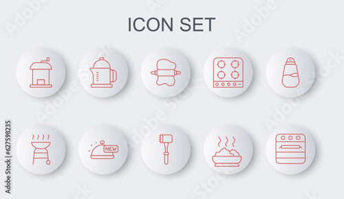 Set line Oven, Barbecue grill, Rolling pin on dough, Bowl of hot soup, Manual coffee grinder, French press, Covered with tray food and Kitchen hammer icon. Vector