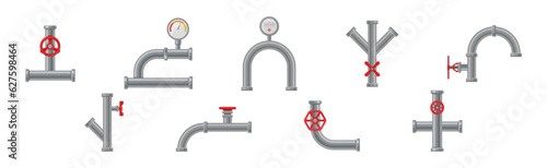 Fitting or Adapter for Connecting Straight Section of Pipe or Tube with Red Valves Vector Set