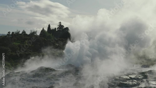Rotorua steamy geothermal geyser, New Zealand, Slow motion iconic photo