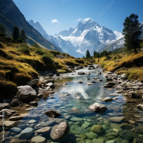 A picturesque mountainous landscape with a tranquil river winding through lush valleys and meadows generative ai © Generative Ai