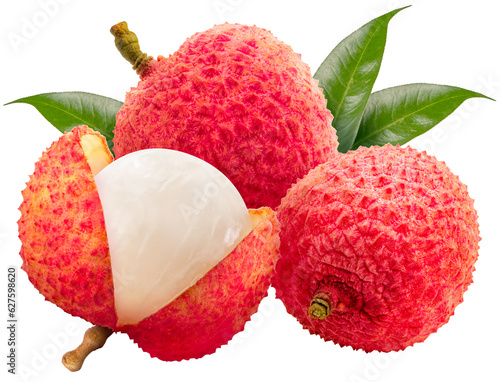 Collection of Red Lychee fruit isolated on white background, Fresh Red Lychee or Litchi Chinensis fruit on White Background PNG File.