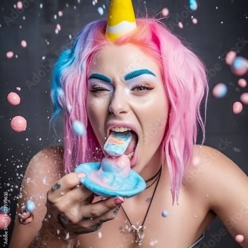 laughing girl eating melted ice cream, Generative AI