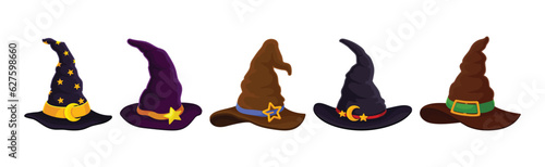 Witch Pointed Hat with Buckle and Wide Brim Vector Set