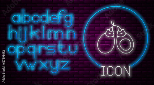 Glowing neon line Musical instrument castanets icon isolated on brick wall background. Neon light alphabet. Vector