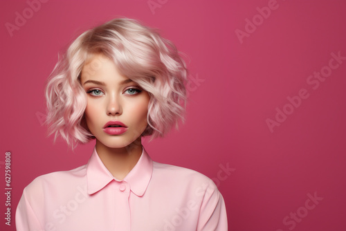 The young woman with blonde hair on a solid pink background