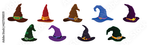Witch Pointed Hat with Buckle and Wide Brim Vector Set