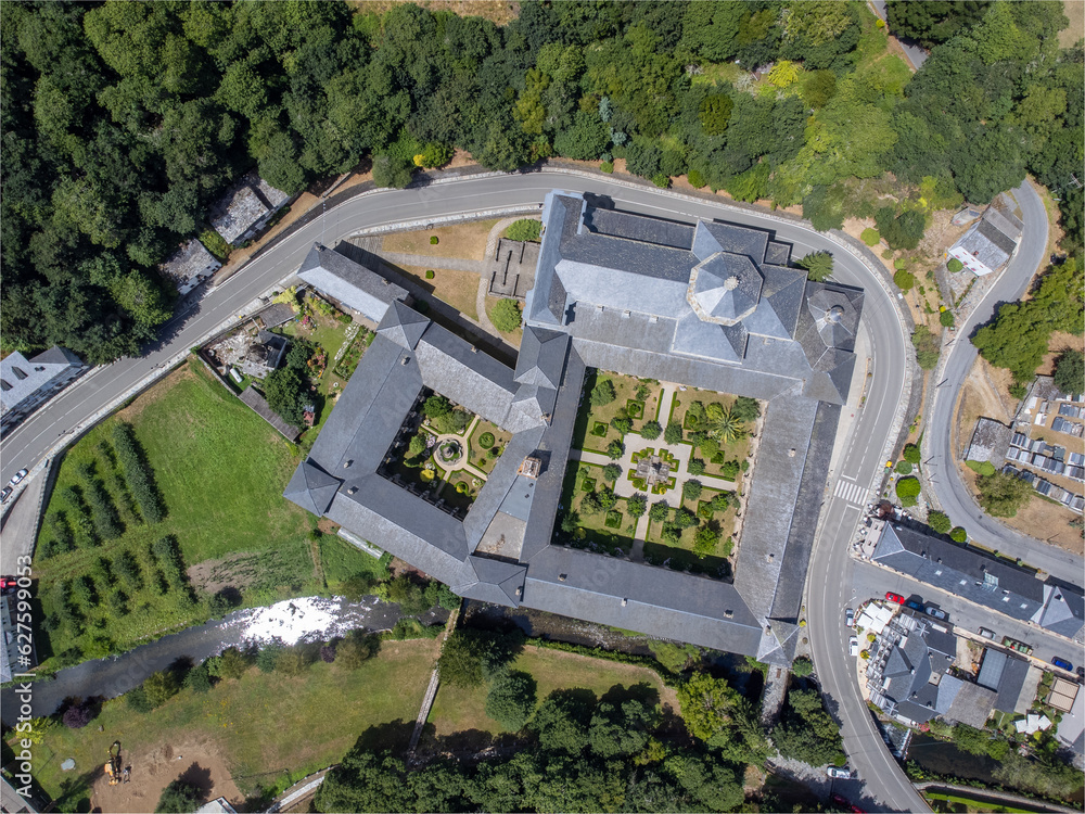 Aerial View of the Monastery of Samos in the Spanish region of Galicia early morning