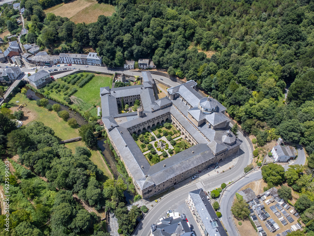Aerial View of the Monastery of Samos in the Spanish region of Galicia early morning