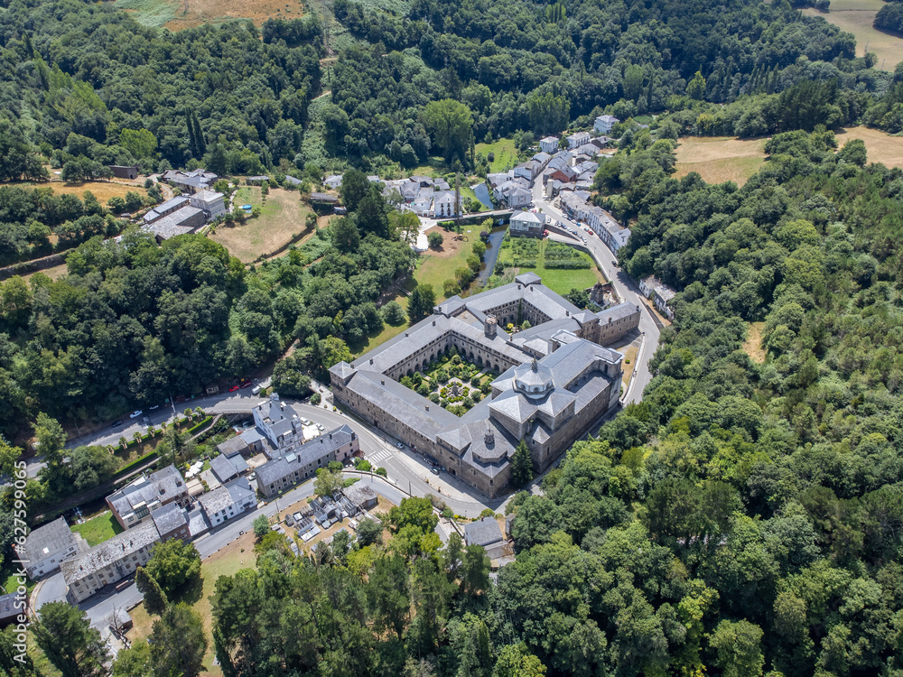Aerial View of the Monastery of Samos in the Spanish region of Galicia early morning