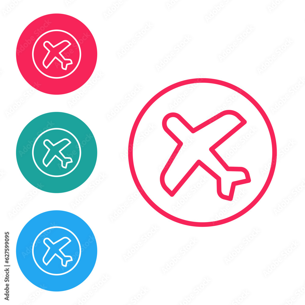 Red line Plane icon isolated on white background. Flying airplane icon. Airliner sign. Set icons in circle buttons. Vector Red line Plane icon isolated on white background. Flying airplane icon. Airliner sign. Set icons in circle buttons. Vector