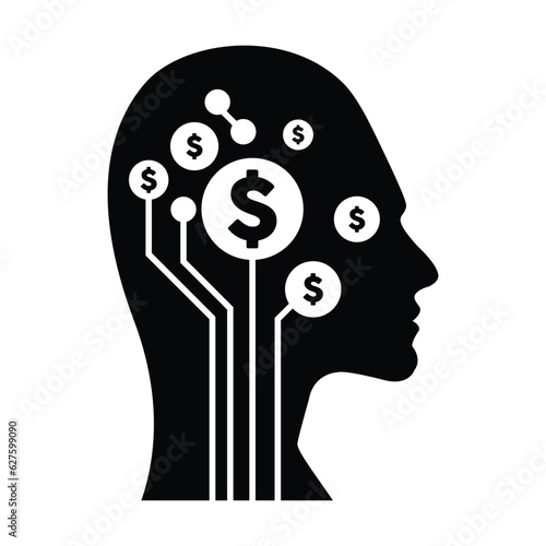 Digital dollar sign symbol on futuristic human profile with brain chip implant for AI Artificial Intelligence money mind illustration.
