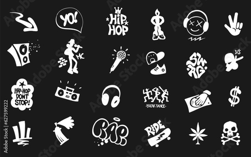 hip hop culture rap music graffiti break dance symbols icon set ,isolated vector design element
