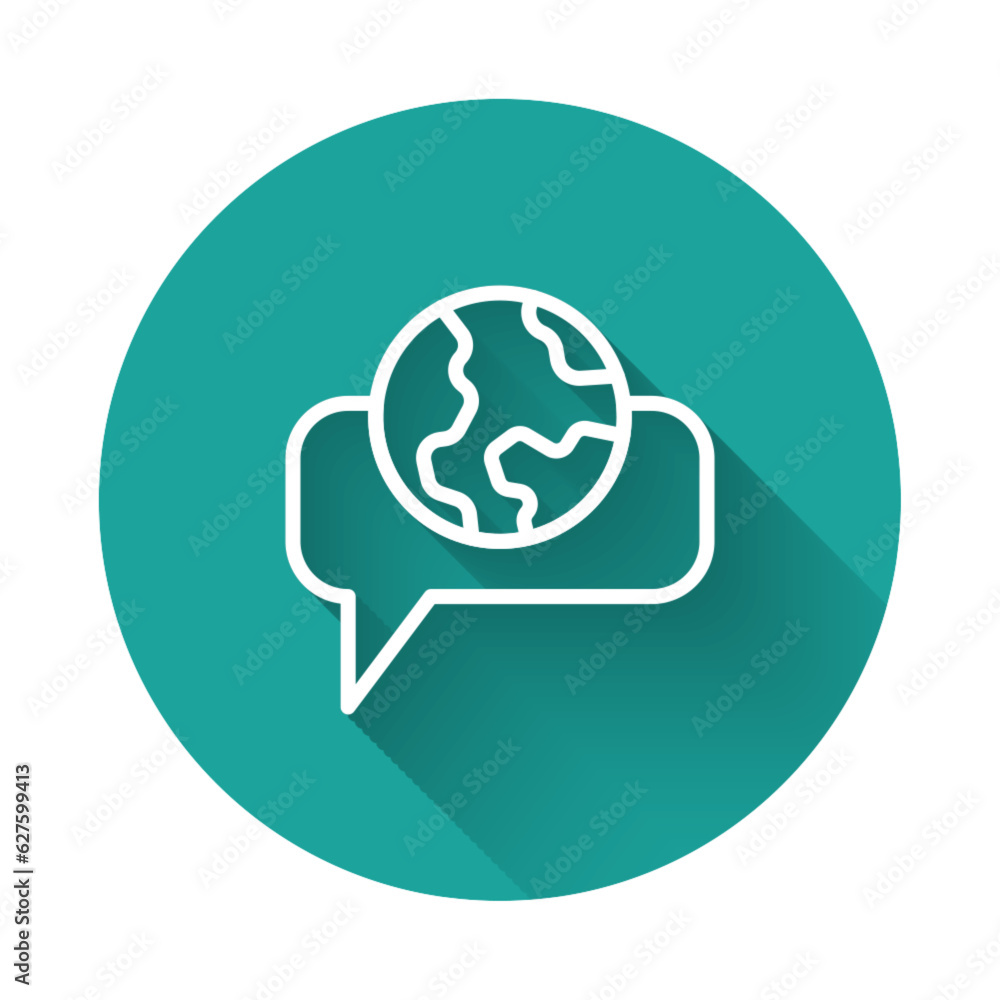 White line Learning foreign languages icon isolated with long shadow background. Translation, language interpreter and communication. Green circle button. Vector White line Learning foreign languages icon isolated with long shadow background. Translation, language interpreter and communication. Green circle button. Vector