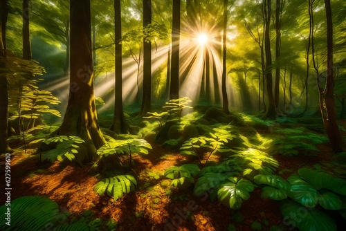 Bright sun in the lush forest. Sunbeams pierce through the emerald canopy  creating a heavenly spotlight on the forest floor. The dappled light dances playfully  inviting one to step into this forest.